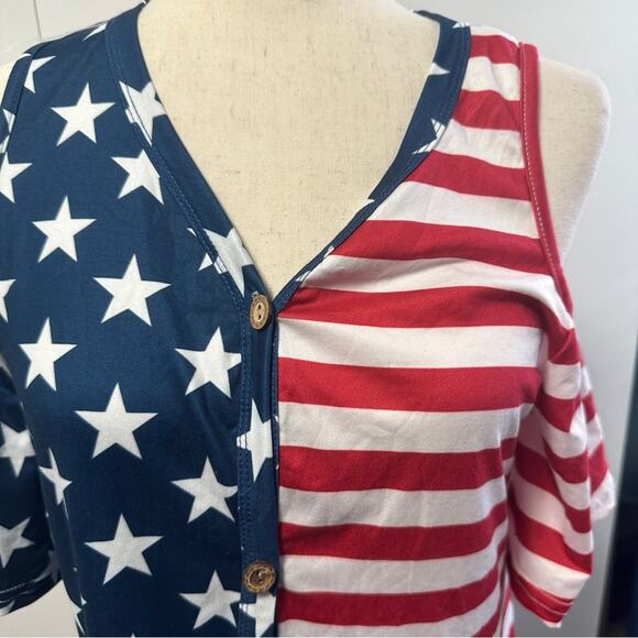 Spadehill Size S Cold Shoulder Button Down Top Stretch Stars Stripes America USA - Picture 13 of 13